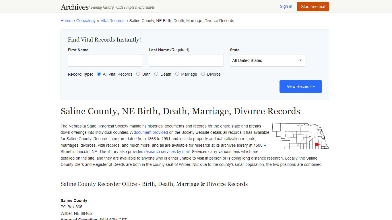 Saline County, NE Birth, Death, Marriage, Divorce Records